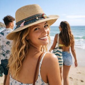 Beige Straw Hat with Colorful Beaded Band